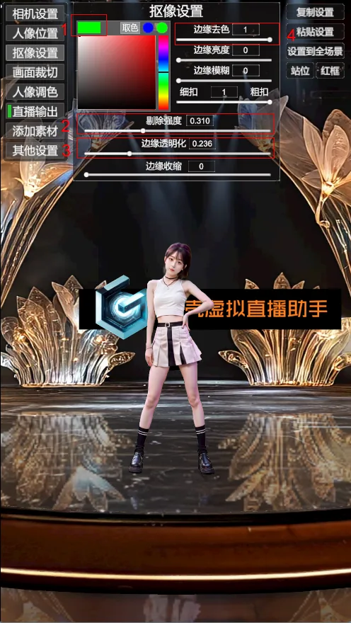 抠像后：绿幕已去除，人像融入虚拟场景